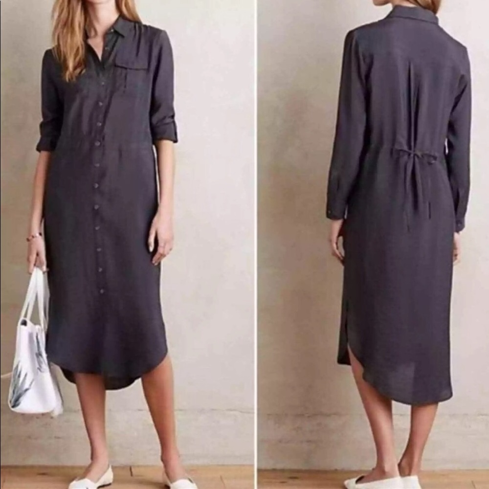Anthropologie Maeve Charcoal Gray Button Down Midi Shirt Dress